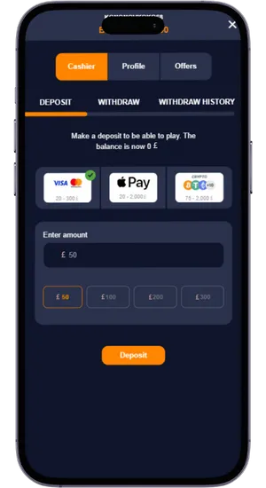 Deposit screen with GBP payment methods